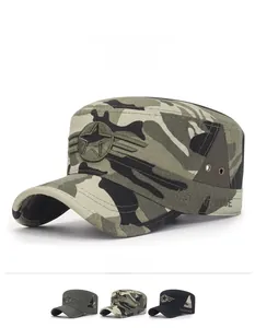 Detail of camouflage military flat top cap with US Airforce star embroidery