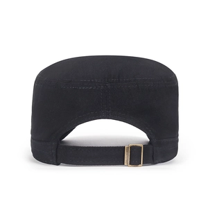 Adjustable black cotton flat top military cap back view with metal buckle detail