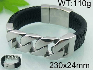 Detail shot of wide stainless steel Cuban chain bracelet with black braided leather