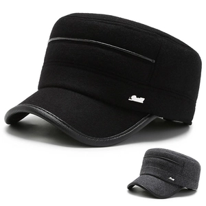Men Winter Cadet Cap Woolen Texture Military Flat Top Hat With Ear Flaps Warm PU Leather Trim Adjustable Sports Fashion