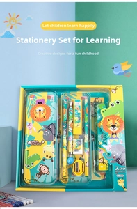 Close-up of children's zoo-themed stationery set including pencil case and pencils