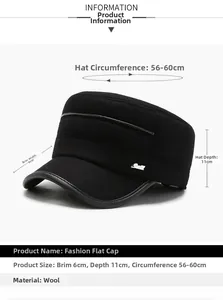 Detailed dimensions of a black flat top military cap showing brim, depth, and circumference