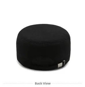Rear view of black flat top military cap with adjustable metal strap and wool texture
