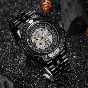 Men's automatic mechanical watch with black hollow dial and stainless steel band
