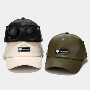 PU Leather Baseball Cap With Goggles Pilot Aviator Style Windproof Sun Protection Adjustable Retro Hat