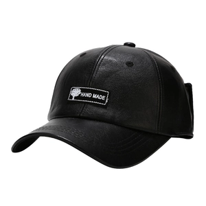 Black PU leather baseball cap with aviator goggles and handmade patch decoration