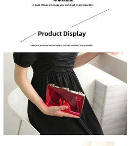 Detail of red transparent acrylic clutch bag with gold metal frame held by model