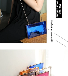 Detail view of colorful acrylic clutch bag showing geometric cuts and gold chain