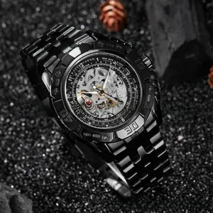 Detail of black skeleton automatic watch featuring visible gears and telemeter bezel