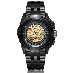 Macro detail of men's black automatic watch with hollow gold mechanical movement