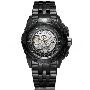 Detailed view of men's skeleton mechanical watch with black steel case and golden movement