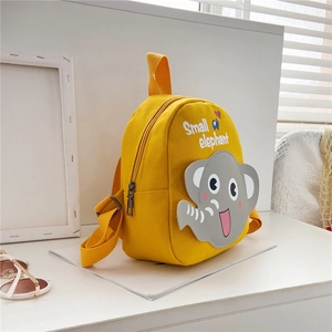 Cute yellow canvas backpack for toddlers featuring a cartoon elephant embroidery