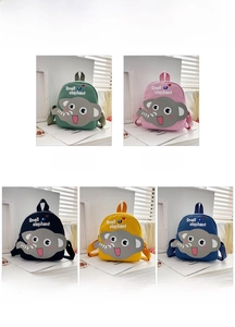 Detail showing five colors of small elephant canvas backpacks for toddlers and kids