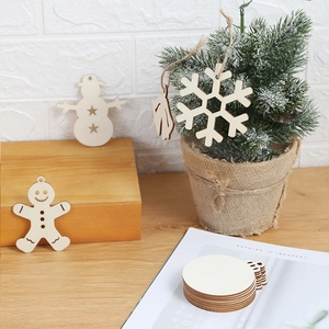 Rustic wooden Christmas tree ornaments set including snowflake and snowman shapes