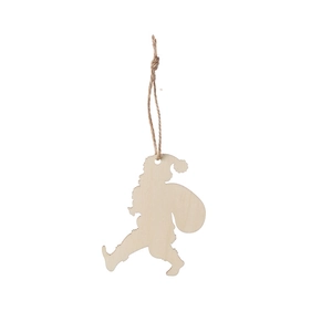 Rustic wooden Santa Claus silhouette hanging ornament with natural wood grain and jute rope