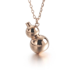 Polished 18K rose gold plated gourd pendant necklace with a fine chain on white background