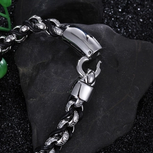 Men's black braided leather and stainless steel chain link bracelet with metal clasp