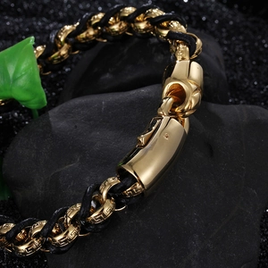 Men's black braided leather bracelet with Greek fret gold interlocking steel rings