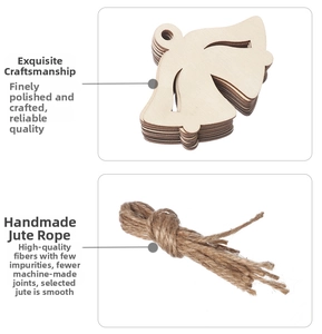 Detail showing natural wood Christmas bells with rustic hemp rope for DIY decor