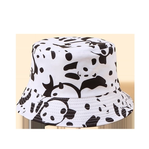 Unisex black and white panda pattern bucket hat with stitched brim for sun protection