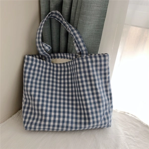 Close-up of blue and white gingham canvas tote bag showing the texture and large capacity