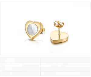 Detail view of heart-shaped shell earrings in gold stainless steel with 13mm size specs
