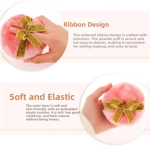 Close-up of pink plush puff with golden ribbon showing softness and elastic texture
