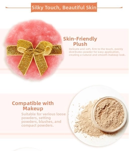 Detail of pink plush powder puff with golden glitter bow for loose setting powder