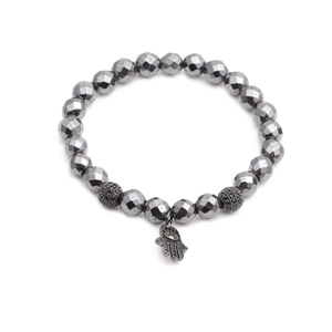 Faceted dark grey hematite bead bracelet with Hamsa Hand charm and rhinestone accents
