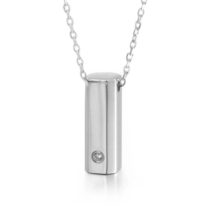Polished silver stainless steel necklace with a cylindrical pendant and crystal inlay