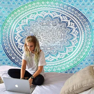 Detailed blue and green gradient mandala wall tapestry as bedroom decor background