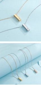 Detailed view of square column pendant necklaces in gold, silver, and rose gold finishes
