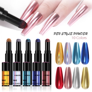 Detail of 10 colors nail cushion magic powder pens showing metallic mirror effect finishes