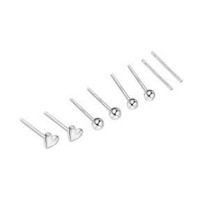 925 silver stud earring set with heart, ball, and stick designs on white background