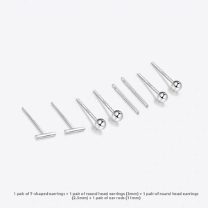 Macro view of S925 sterling silver earring set with stud ball and T-shape designs
