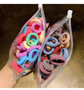 Detail of high-elasticity colorful hair ties in transparent portable storage bags