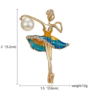 Detail view of dancing girl brooch with gradient enamel, rhinestones and size measurements