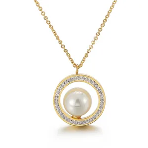 Collier Pendentif Acier Inoxydable Künstliche Perle Coquillage Rond Zircon Brillant Bijou Élégant Cadeau Pour Femmes