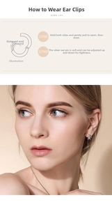 Detailed view of starfish silver earrings with zircons and wearing guide illustrations