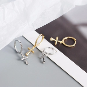 Minimalist S925 sterling silver hoop earrings with small cross charms in gold and silver