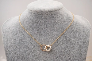 Detail of interlocking freshwater pearl circle and gold titanium steel pendant necklace