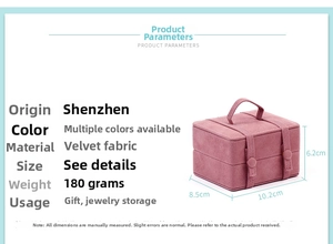 Detail view of the pink velvet jewelry box showing precise dimensions 10.2x8.5x6.2cm