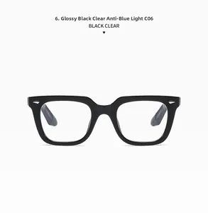Front view of square bright black frames with clear anti-blue light lenses and C06 model detail