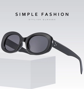 Detailed macro of oval sunglasses showing thick black frames and signature metal rivets
