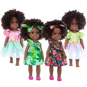 African American Girl Doll Vinyl Afro Curly Hair Floral Dress With Headband And Shoes Toy For Kids