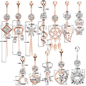 Detailed size guide for 12 designs of rose gold and silver flower zircon belly rings