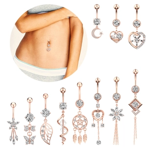 Rose gold navel rings collection with cubic zirconia in star, moon, and leaf designs