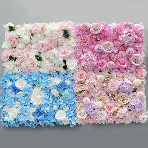 Detail view of artificial flower wall panels with roses and hydrangeas in four colors