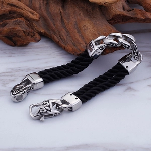 Men's retro geometric totem titanium steel bracelet with double-layer woven nylon rope