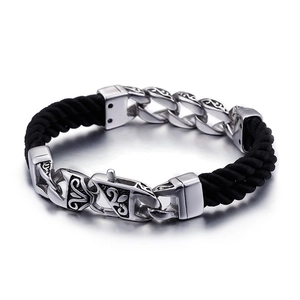 Men's retro geometric totem titanium steel bracelet with double black nylon braid